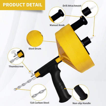 Drain Snake 50 Ft, Plumbing Snake for Sink with Drill Attachment, Snake Drain Clog Remover for Shower Drain and Sink, Manual or Powered Use, Comes with Gloves and Storage Bag, 1/4 Inch, Yellow