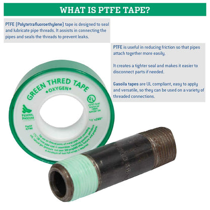Gasoila Green PTFE Thread Seal Tape – Professional-Grade High-Density Thread Tape for Oxygen Lines – Leak-Proof Seal, Non-Toxic (1/2 Inch x 260 Inch Roll)