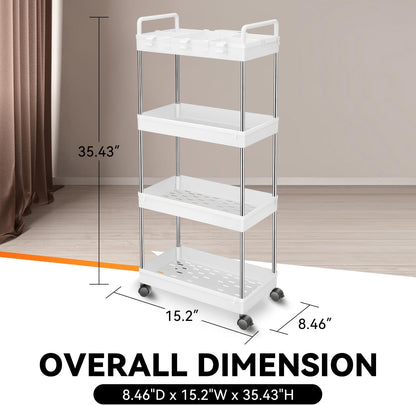 Auto Dynasty 3 Tier Slim Rolling Cart with Handle, Multifunction Utility Storage Rolling Cart, Movable Storage Organizer with Wheels for Office, Bathroom, Kitchen, Narrow Places (White)