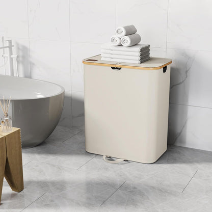 XLHOMO Double Laundry Hamper with Lid and Removable Bags, 150L Large Collapsible 2 Dividers Dirty Clothes Basket with Handles, Beige Double Laundry Basket Organizer for Bedroom,Laundry Room,College