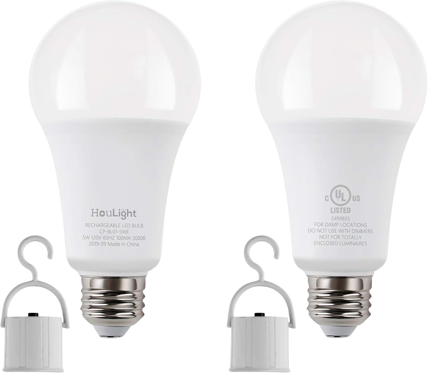 5W Rechargeable Emergency LED Light Bulbs with Back Up Battery for Power Outage, Camping, Hurricane, Disaster Planning, 40W Equivalent, UL Certified (5000K Daylight White, 2-Pack)