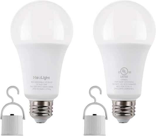 5W Rechargeable Emergency LED Light Bulbs with Back Up Battery for Power Outage, Camping, Hurricane, Disaster Planning, 40W Equivalent, UL Certified (5000K Daylight White, 2-Pack)