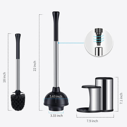 HAMITOR Toilet Plunger and Brush Set: Bathroom Powerful Cleaning Round Bristle Brush - Stainless Steel Heavy Duty Unclogging and Bowl Brush Combo - Compact Home Apartment Restroom Decor Accessories