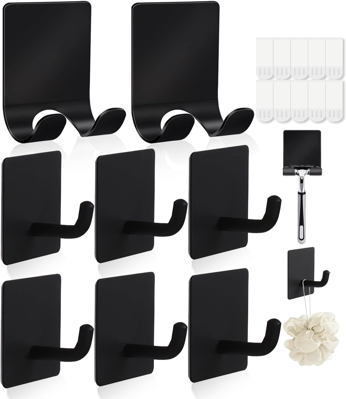 2 Razor Holder for Shower and 3 Adhesive Hooks with Removable Strips，Towel Hooks for Hanging，Wall Hooks for bathrooms，Removable Damage-Free Metal Shaver Holder，for Stockings，Decor，Robe