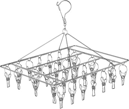 JPORSHU Sock Folding Stainless Steel Sock Drying Rack with 46 Clips,Metal Sock Hangers with Clips，360 DegreesSwivel Hook Wind-Proof Clothes Hanger Rack,for Sock, Bras, Underwear, Laundry Accessories