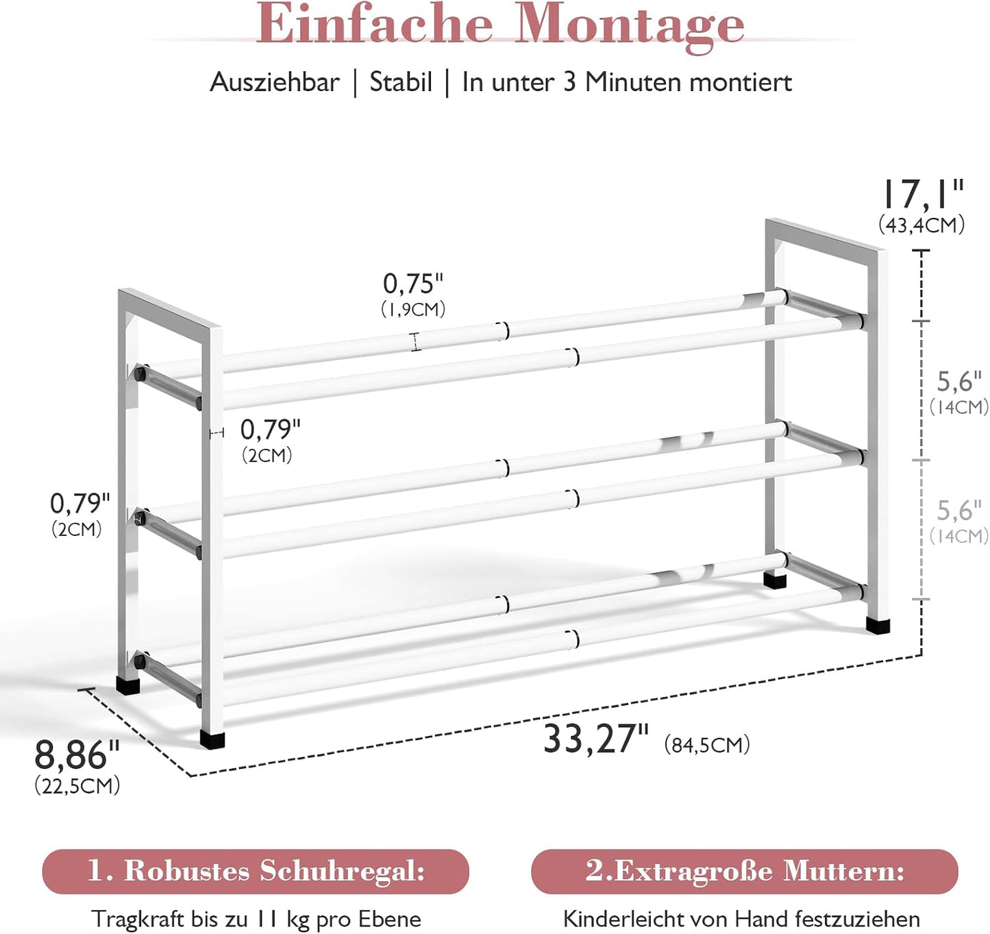 Bumusty 3-Tier Expandable Shoe Rack for Closet, 18“-33” Adjustable Shoe Rack for Small Space, Small Shoe Organizer for Front Door, Sturdy Metal, Black