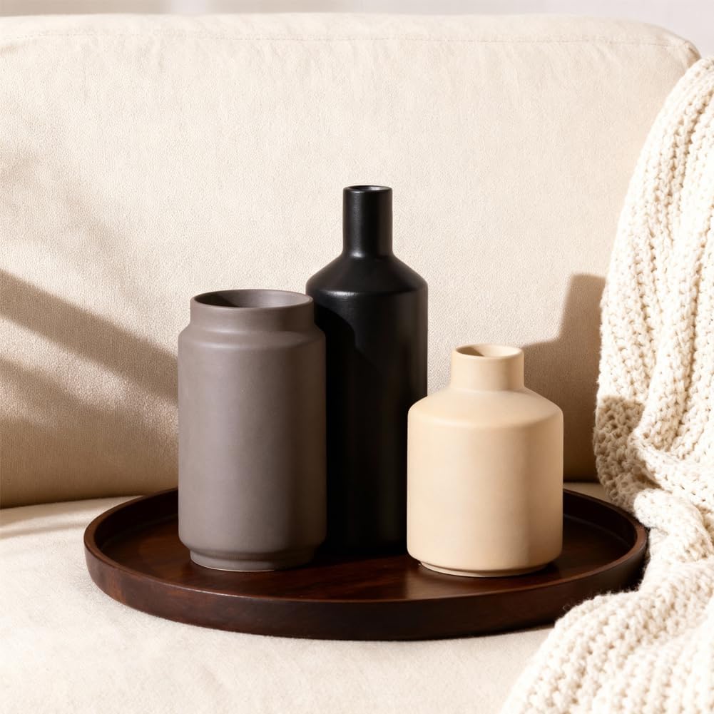 Neutral Ceramic Vase Set of 3 – Modern Decorative Vases, Small Flower Pottery Vase Sets, Boho Farmhouse Rustic Vases for Living Room, Kitchen, Bedroom, Bathroom, Shelf, Table