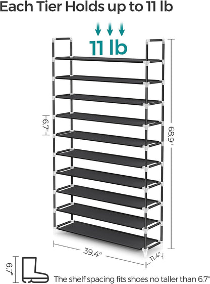 SONGMICS Shoe Rack, 10-Tier Shoe Shelf, Shoe Storage Organizer, 11 x 17.7 x 68 Inches, Metal Frame, Non-Woven Fabric Shelves, for Entryway, Bedroom, Black ULSH010B02