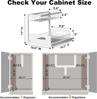 REALINN Under Sink Organizer, Pull Out Cabinet Organizer, 2 Tier Metal Slide Out Shelf with L Shaped Design for Kitchen, Bathroom, Laundry, and Utility Cabinet Storage for Deep Cabinets, White, 2 Pack