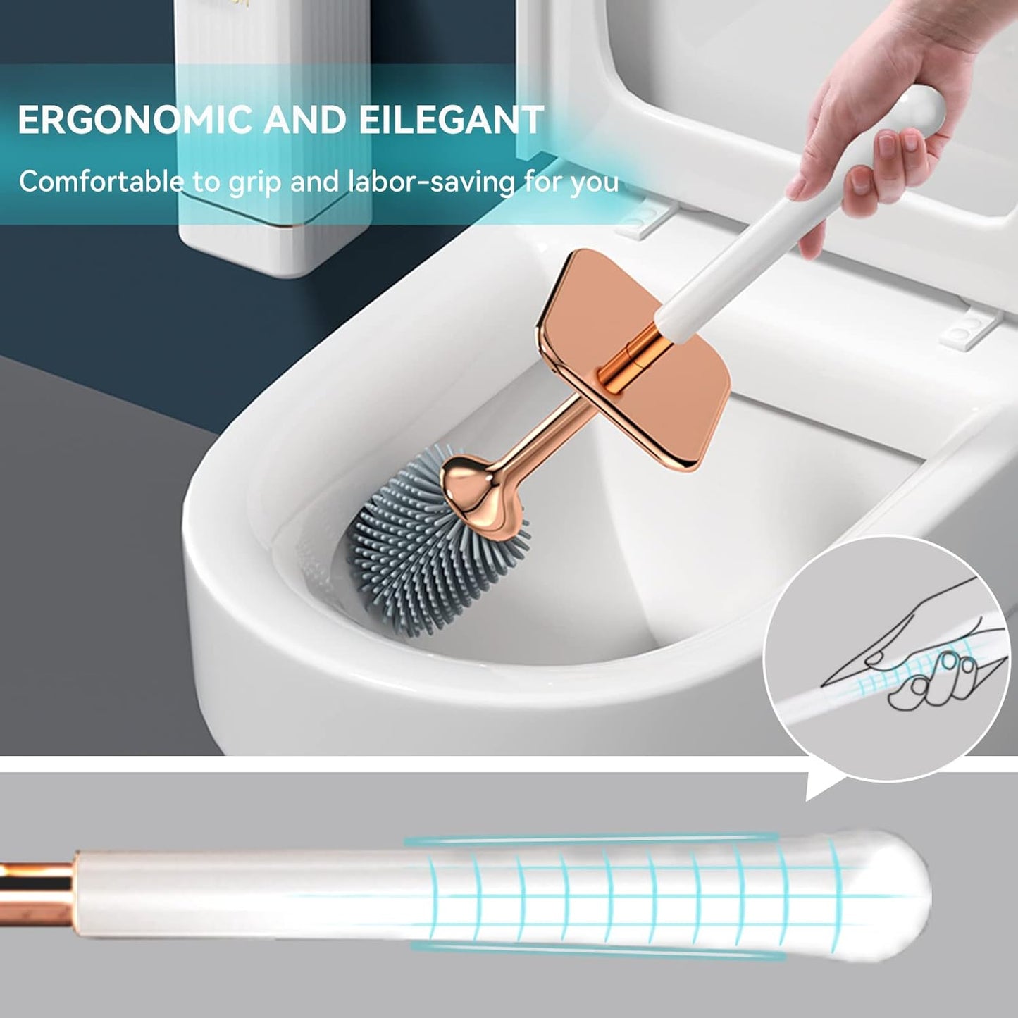 Toilet Brush and Holder, Elegant 2 Pack Silicone Toilet Bowl Brush Set with Ergonomic Long Handle, Modern Bathroom Decor Cleaning Accessories, Durable, Deep Cleaning - Black & White