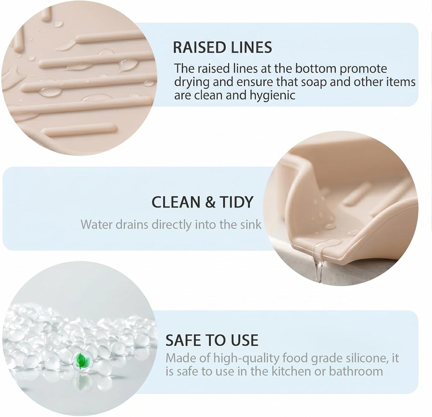 MicoYang Silicone Soap Dish with Drain Spout, Self-Draining Sink Organizer Tray for Bathroom and Kitchen, Sponges, Dispensers and Soap Holder, Non-Slip & Dishwasher Safe, Tapioca (Compact, 4.9"×3.2")