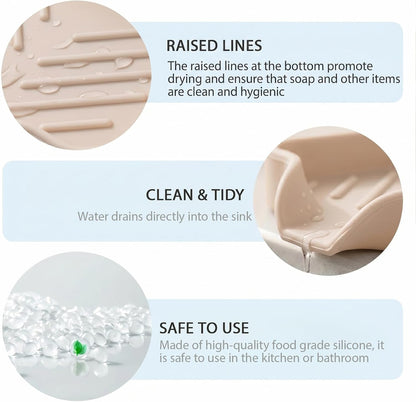 MicoYang Silicone Soap Dish with Drain Spout, Self-Draining Sink Organizer Tray for Bathroom and Kitchen, Sponges, Dispensers and Soap Holder, Non-Slip & Dishwasher Safe, Tapioca (Compact, 4.9"×3.2")