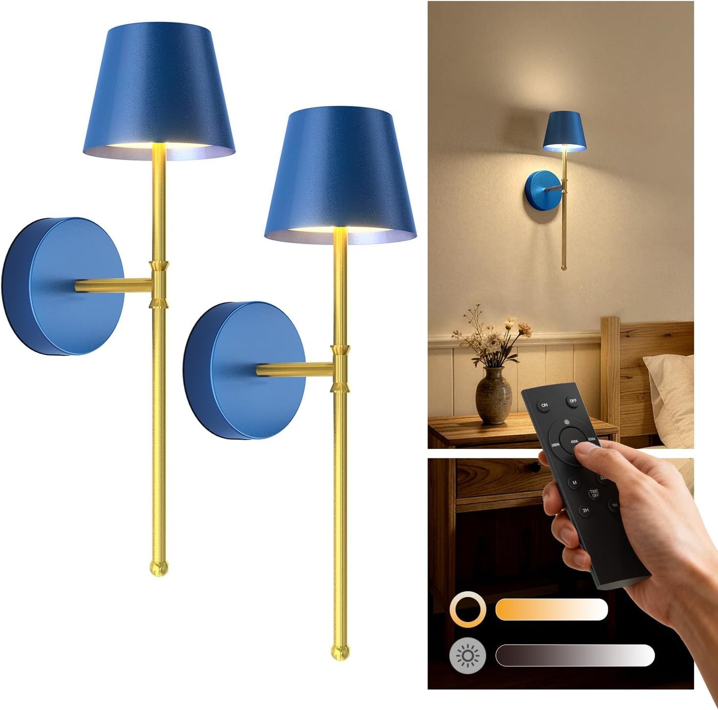 UME Wireless Sconces Set of 2 with Remote, 5200mAh Battery Powered Sconces - Small Rechargeable Sconces w/ 3 Color Temps & 5 Brightness Levels for Bedroom, Living Room, Wall Painting, Cafe (Black)