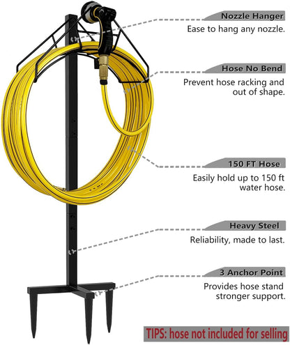 Artigarden Freestanding Garden Hose Holder Hanger, Outdoor Heavy Duty Metal Water Hose Storage Holders Stand Organizer Rack Detachable Stake, Holds 150 Ft of Hoses for Outside Lawn Yard, Black