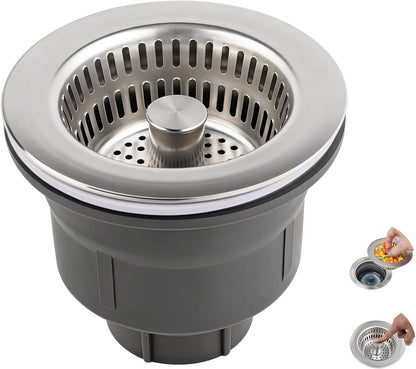 Hibbent Upgraded 3 In 1 Kitchen Sink Drain Strainer and Stopper Combo Assembly Kit, Stainless Steel Larger Anti-Clogging Basket, Pop Up Stopper Plug for US Standard 3-1/2 Inch, Brushed Nickel