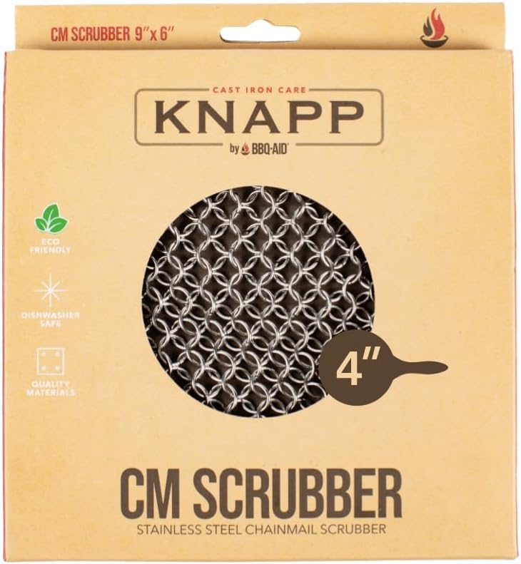 Knapp Made CM Scrubber 4" x 4" Small Ring Chainmail Cast Iron Scrubber, Premium Stainless Steel Mesh Cleaner for Pre-Seasoned Pans, Dutch Ovens, Grills and Skillets