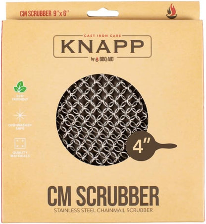 Knapp Made CM Scrubber 4" x 4" Small Ring Chainmail Cast Iron Scrubber, Premium Stainless Steel Mesh Cleaner for Pre-Seasoned Pans, Dutch Ovens, Grills and Skillets