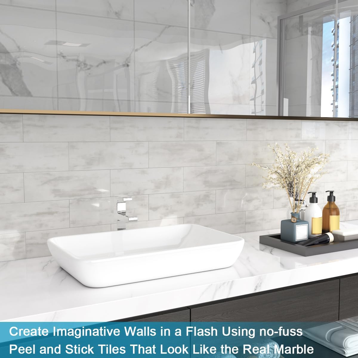 BeNice Peel and Stick Backsplash for Kitchen Tile,Peel and Stick Tiles for Walls Tile Stickers Waterproof Marble Tile Backsplash 3.85"x11.73"(16Tiles) White Gray