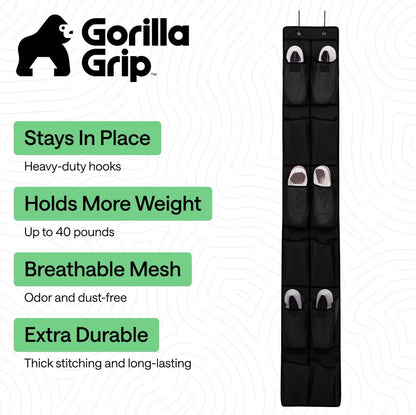 GORILLA GRIP Over the Door Shoe Organizer, 24 Large Breathable Mesh Pockets, Space Saving Hanging Storage Holder, Closet Rack Hanger Holds Up to 40 lbs, Hangs on Closets for Shoes, Accessories, Grey