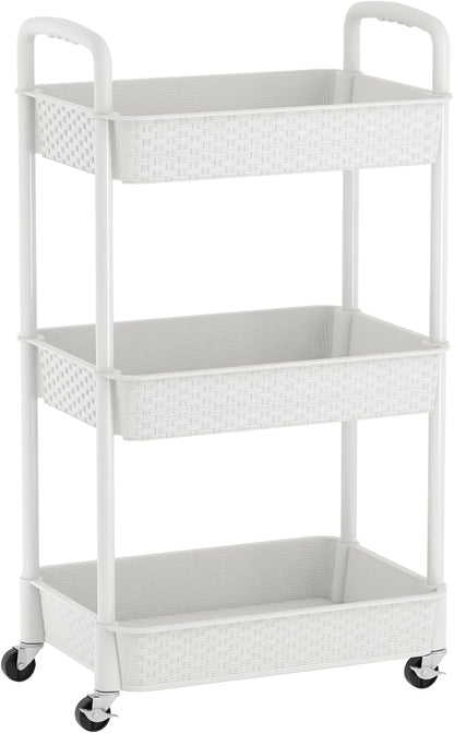 MOYIPIN 3-Tier Plastic Rolling Utility Cart with Handle,Utility Storage Cart for Office, Living Room, Kitchen,Movable Storage Organizer Shelves,White