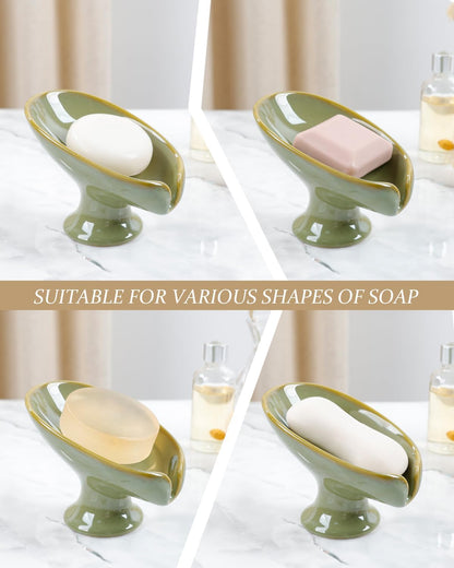 Small Soap Dish, Self Draining Bar Soap Holder for Bathroom Sink, Leaf Shaped Drainage Ceramic with Marble-Pattern Finish, Decorative Soap Dish, No Suction Cup, ANTIS'S HOME