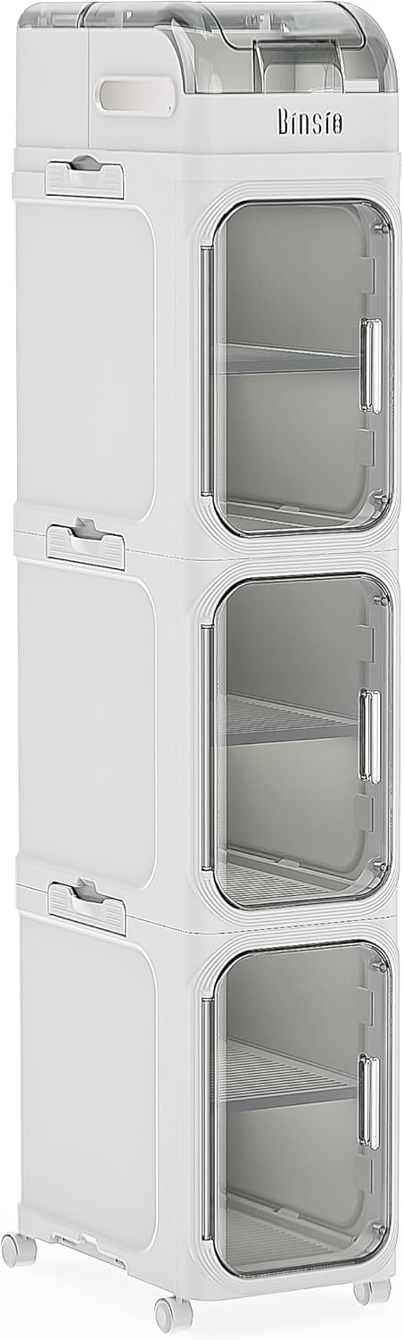 BINSIO 3-Tier Slim Bathroom Storage Cabinet for Toilet Side, Toilet Paper Storage Organizer, Narrow Rolling Bathroom Storage Cabinet with Transparent Doors for Small Space, Foldable Easy Assembly