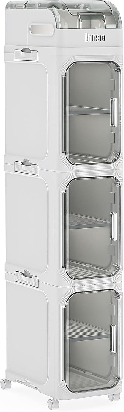 BINSIO 3-Tier Slim Bathroom Storage Cabinet for Toilet Side, Toilet Paper Storage Organizer, Narrow Rolling Bathroom Storage Cabinet with Transparent Doors for Small Space, Foldable Easy Assembly