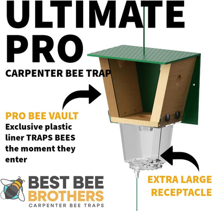 Best Bee Brothers Ultimate Pro Carpenter Bee Trap for Outside with Extra-Large, Clear External Receptacle, Internal Bee Vault & Spring-Loaded Door, 4.2” D x 5.8” W x 7.5” H (2 Pack)