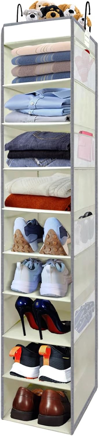 Large-Sized Hanging Shoe Organizer 10-Shelf, Sturdy Hanging Closet Organizer with 8 Side Pockets, Wider Hanging Shelves for Storage Shoes Clothes Jeans Shirts Toys, Black