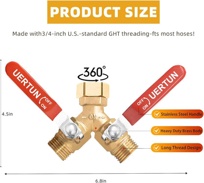 2 Way Garden Hose Splitter Heavy Duty Brass, Y Hose Splitter with Extra Long Handles for Easy Shut Off, Metal Water Spigot Adapter Fits Standard 3/4" GHT Faucet