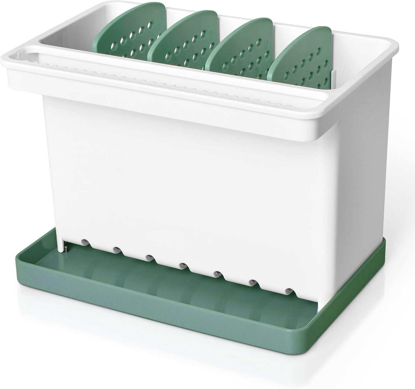 JOMOLA Kitchen Sink Organizer Dish Brush Sponge Holder Caddy Toothbrush Holders for Bathrooms Sinkware Kitchen Utensil Holder Sink Caddy Organizer with 4 Separate Dividers Removable Drain Tray (Grey)