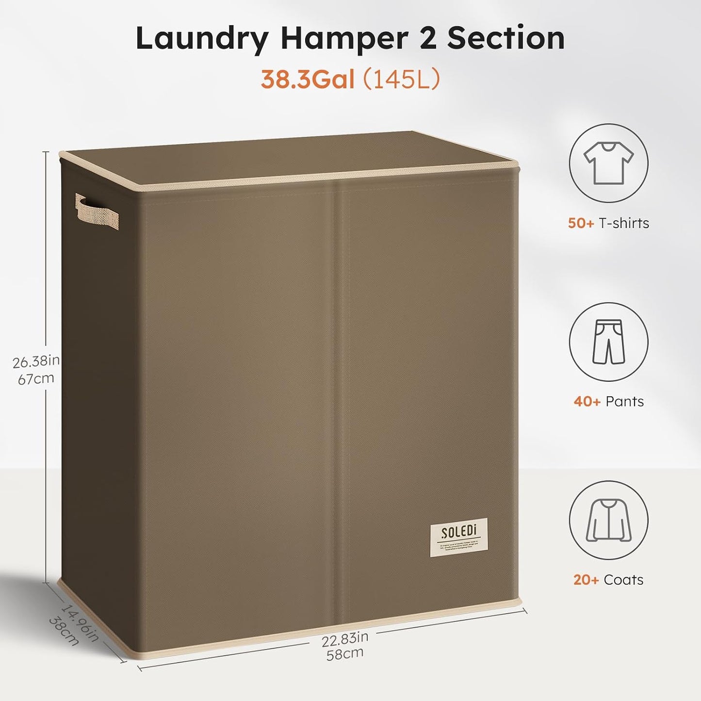 SOLEDI Luxury Double Laundry Hamper with Lid and Removable Bags, 38.3 Gal Large Laundry Bin, Laundry Basket 2 Sections, Collapsible Clothes Hamper for Bedroom, Laundry Room, Bathroom, Off-white