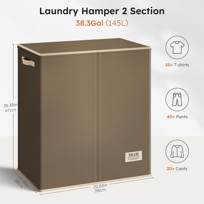 SOLEDI Luxury Double Laundry Hamper with Lid and Removable Bags, 38.3 Gal Large Laundry Bin, Laundry Basket 2 Sections, Collapsible Clothes Hamper for Bedroom, Laundry Room, Bathroom, Off-white