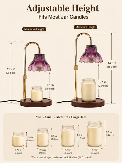 Candle Warmer Lamp with Timer, Dimmer, Vintage Glass Shade | Adjustable height, 2/4/8-hour timer, wood base, 2 bulbs included