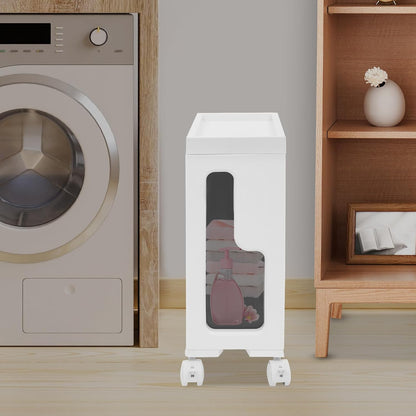 Narrow Bathroom Storage Cabinet with Drawers, 5.5" Slim Floor Standing Rolling Cart on Lockable Wheels, PP Unit with Toilet Paper Holder for Small Space, Kitchen, Laundry Room (3 Tier)