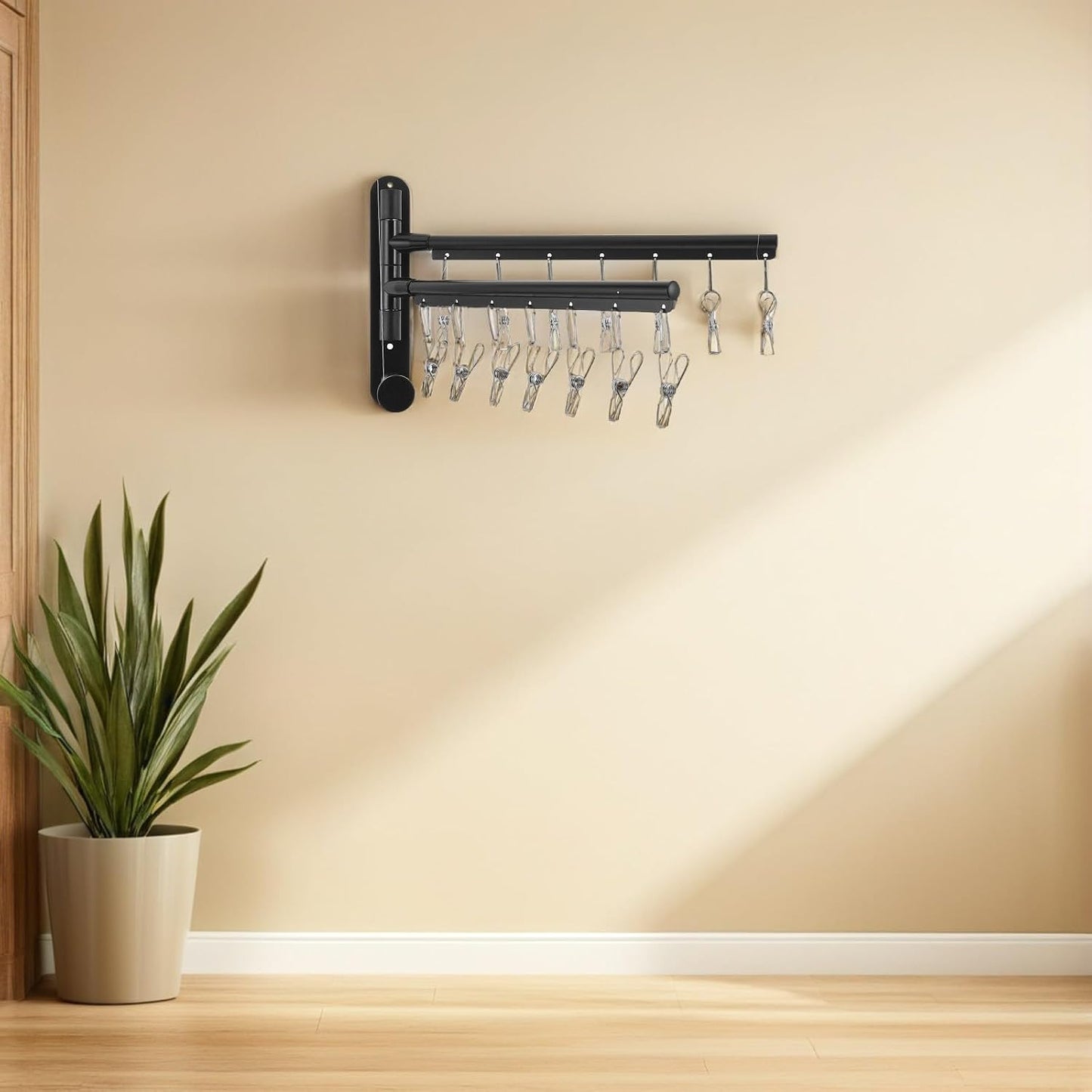 Garneck Wall Mounted 2-Tier Stainless Steel Bars with Laundry Drying Rack 360° Rotating Arms, Space Saving Black Clothes Hanger with 14 Windproof Clips and Bathroom and Bedroom