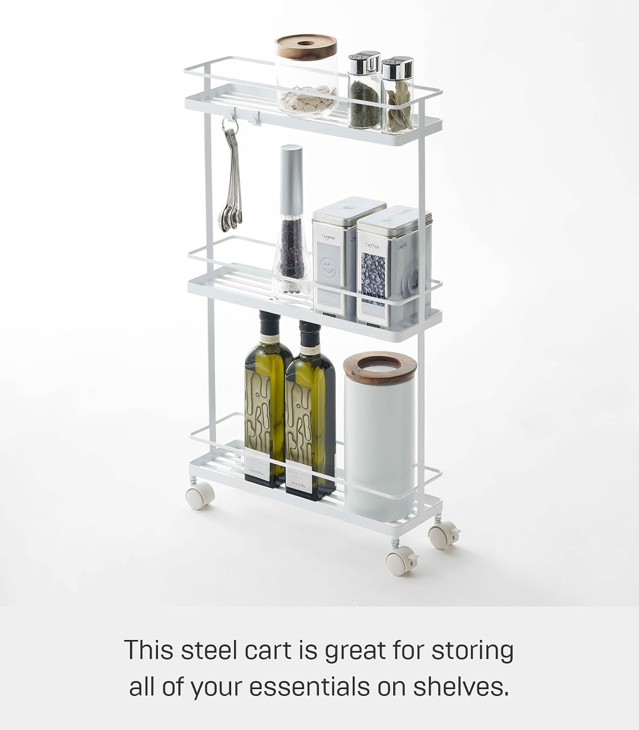 YAMAZAKI Home Tower Rolling Kitchen Island Three Tier Metal Storage Cart - Portable Organizer Shelves Utility Cart, 26" - Steel -