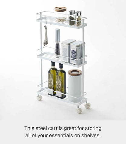 YAMAZAKI Home Tower Rolling Kitchen Island Three Tier Metal Storage Cart - Portable Organizer Shelves Utility Cart, 26" - Steel -