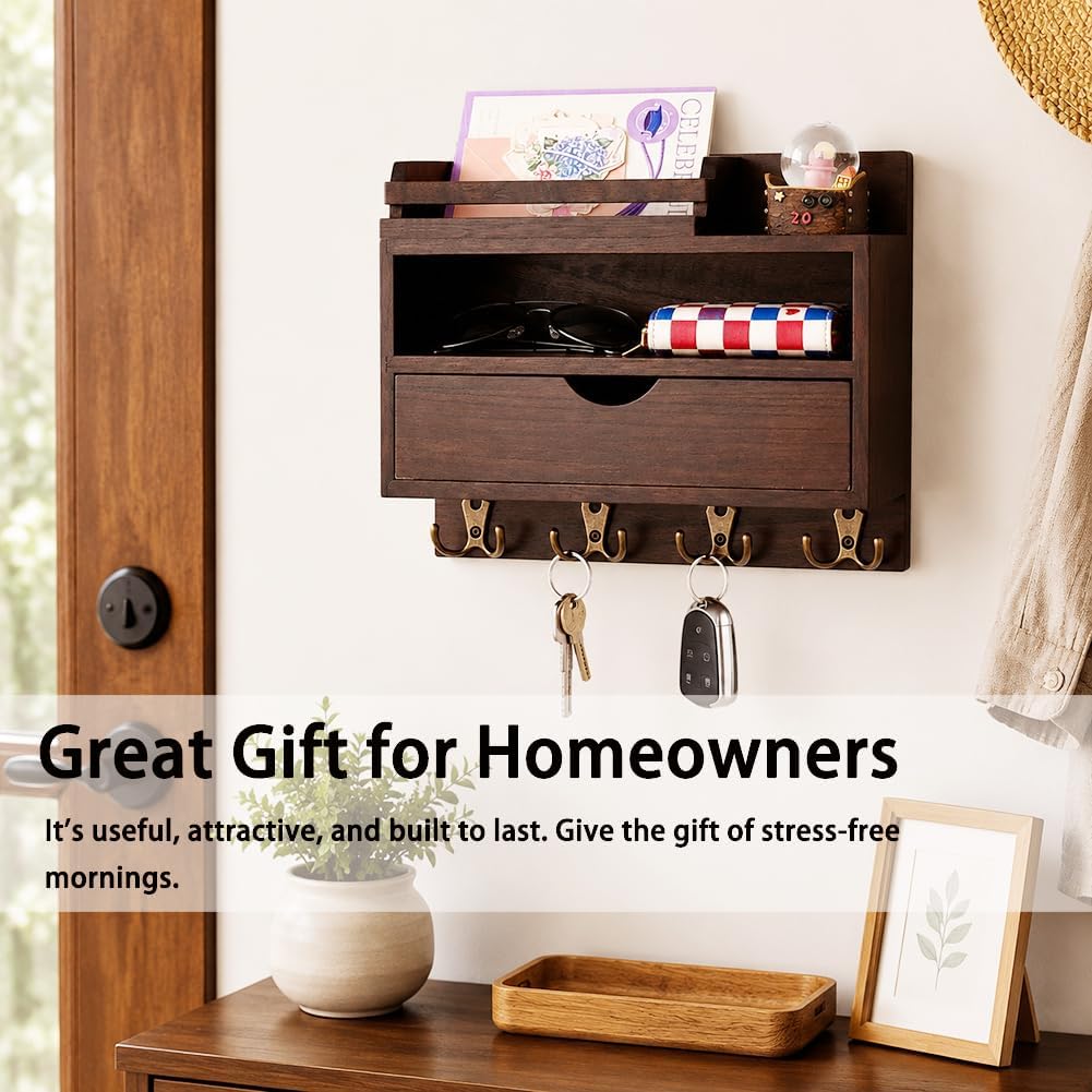 Key and Mail Holder for Wall, Wooden Key and Mail Organizer with Drawer and 8 Hooks for Dog Leash and Sunglasses, Decorative Paulownia Wood Key Rack for Bags, Coats, Umbrella