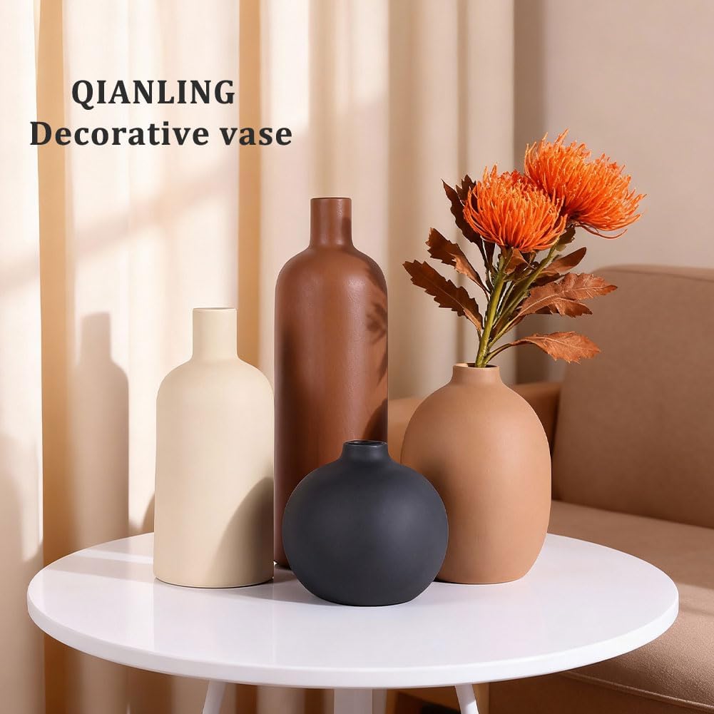 Ceramic Vase Set of 4, Modern Vases Home Decor, Neutral Decorative Vase for Bouquet Pampas Grass Dried Fresh Flowers, Small Vase for Living Room, Kitchen, Bedroom, Bathroom, Entryway Mantel, Decor