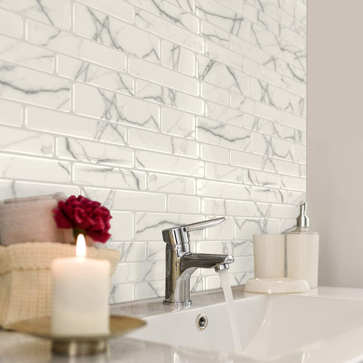 Art3d 10-Sheet Premium Stick On Kitchen Backsplash Tiles, 12"x12" Peel and Stick Self Adhesive Wall Tiles, White Marble Design