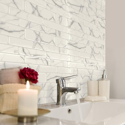 Art3d 10-Sheet Premium Stick On Kitchen Backsplash Tiles, 12"x12" Peel and Stick Self Adhesive Wall Tiles, White Marble Design