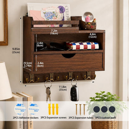 Key and Mail Holder for Wall, Wooden Key and Mail Organizer with Drawer and 8 Hooks for Dog Leash and Sunglasses, Decorative Paulownia Wood Key Rack for Bags, Coats, Umbrella