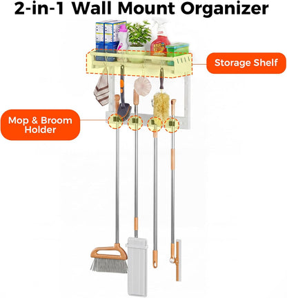 Broom Holder Wall Mount with Shelf,Broom Hanger,3 in 1 Broom and Mop Organizer Wall Hanging for Laundry,Garage,Utility,Broom Rack,Vacuum Stand Alternative,Cleaning Supplies Organizer Storage,White,L