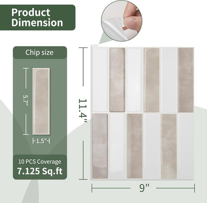 LONGKING 10-Sheet Thickened Peel and Stick Subway Tile Backsplash for Kitchen, Vertical Strip Design, Marble Tile, Waterproof Wall Sticker for Kitchen & Bathroom, Beige&White