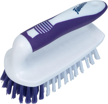 Fabuloso Cleaning Brush, Compact Hand Scrub Brush with Easy Grip Rubber Texture for Kitchen, Bathroom, Tile, Baseboards and Floors, Firm Bristles for Indoor Surface Cleaning, White & Purple, 6 Inch