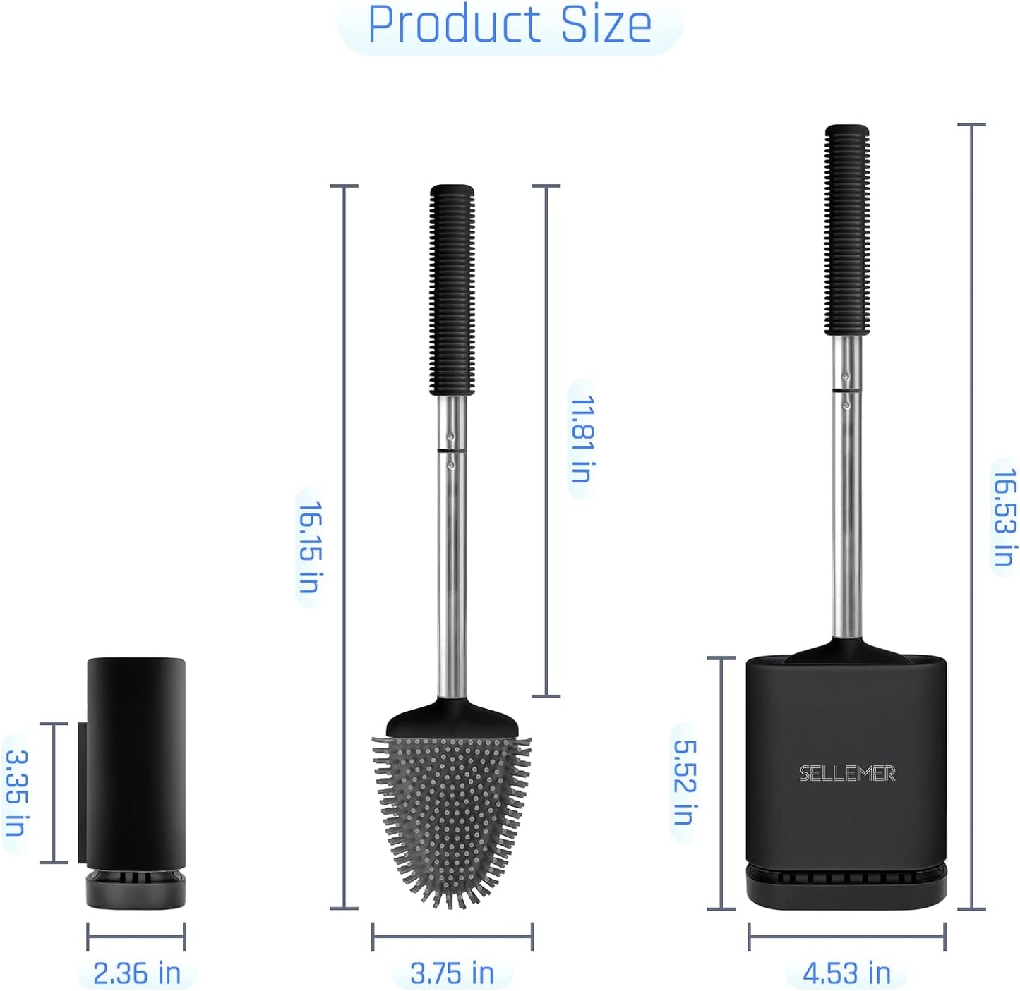 Sellemer Toilet Brush and Holder Set - Flexible Toilet Bowl Brush Head with Silicone Bristles, Compact Size for Storage and Organization, Ventilation Slots Base (1 Pack, Silver)