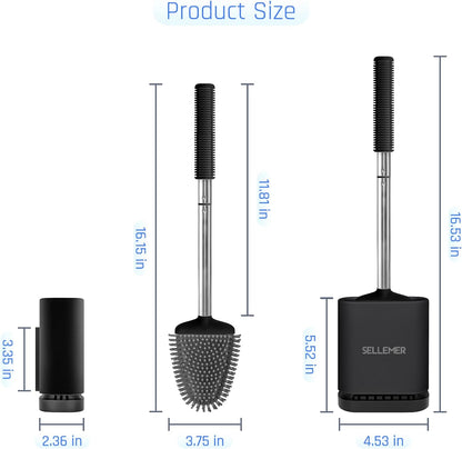 Sellemer Toilet Brush and Holder Set - Flexible Toilet Bowl Brush Head with Silicone Bristles, Compact Size for Storage and Organization, Ventilation Slots Base (1 Pack, Silver)