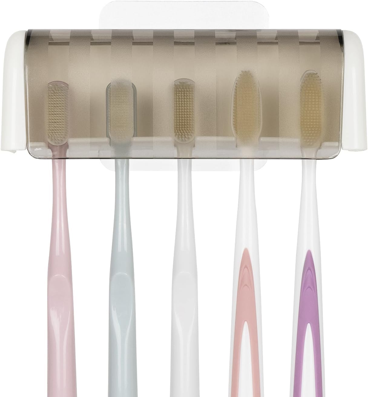 5 Slots Wall Mount Toothbrush Holder with Cover, Self Adhesive Toothbrush Storage Organizer for Shower, Toothbrush Hanger with Automatic Toothpaste Squeezer Dispenser