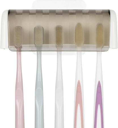 5 Slots Wall Mount Toothbrush Holder with Cover, Self Adhesive Toothbrush Storage Organizer for Shower, Toothbrush Hanger with Automatic Toothpaste Squeezer Dispenser